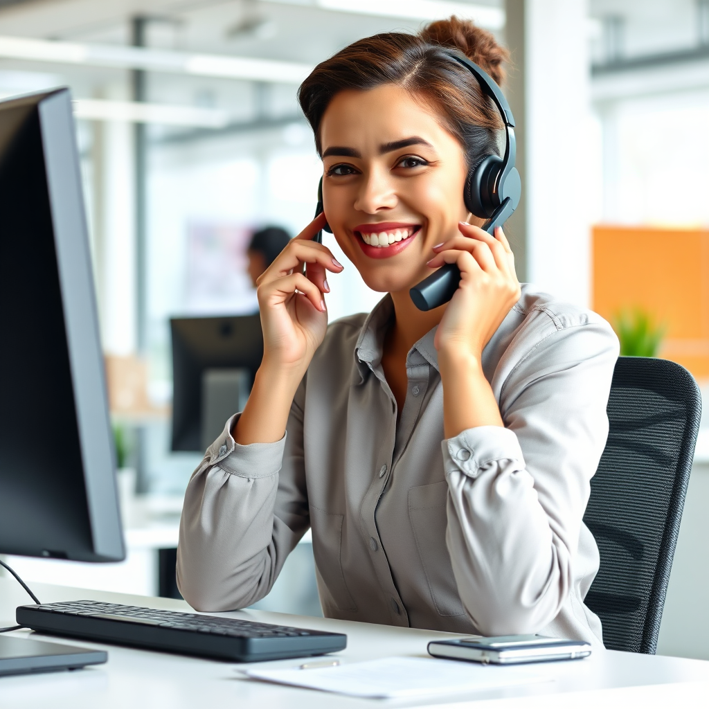 A friendly and helpful customer service representative talking on the phone while working at a computer. The background should be a modern and well-organized office environment. Focus on conveying the warmth, competence, and accessibility of customer support. 4K resolution, photorealistic style.