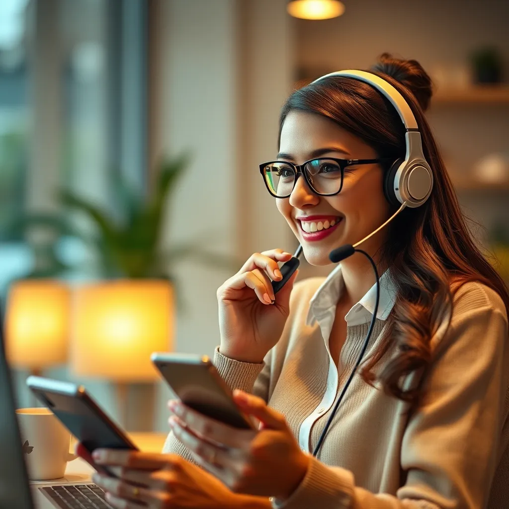 A friendly customer service representative on a phone, interacting with a customer through SMS. The image should showcase a warm and welcoming environment with positive feedback from the customer, emphasizing the personalized and supportive nature of SMS communication in building customer loyalty.