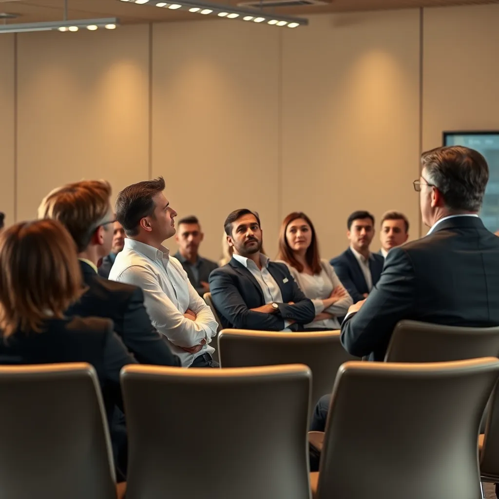 A group of business professionals sitting in a conference room, listening attentively to a coach who is presenting a business strategy. The scene should be focused on the coach and the attendees, with a modern and professional setting.