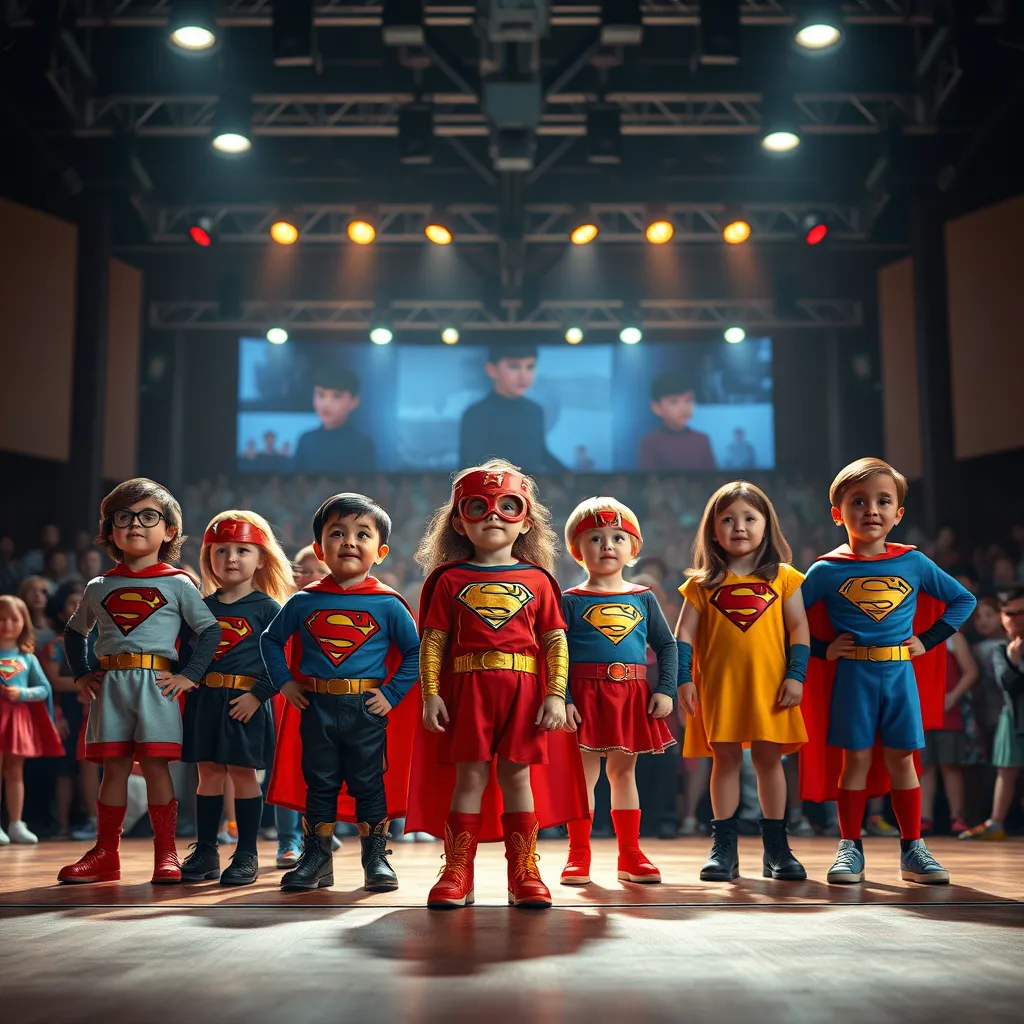 A group of children dressed as superheroes standing on a stage, performing a superhero-themed play for a large audience. The children are confident and enthusiastic, showcasing their talents and dreams.