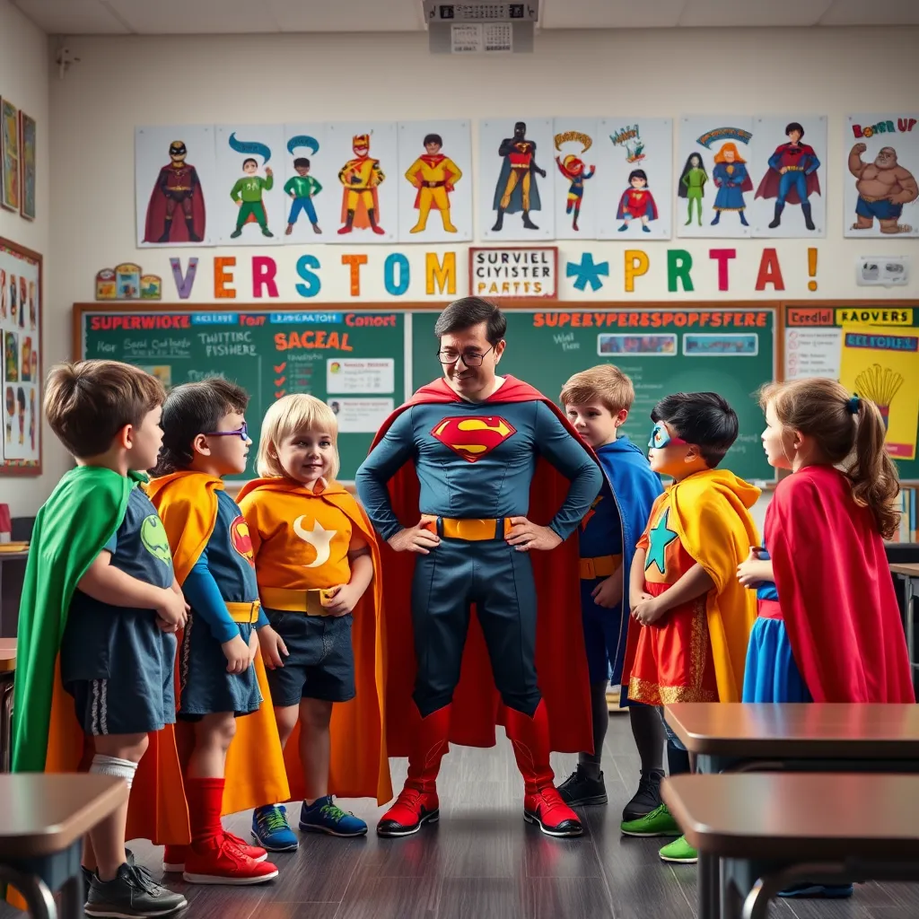 A group of children dressed as superheroes, wearing colorful costumes and capes, standing in a classroom with a teacher dressed as a superhero, teaching them about teamwork and leadership. The classroom is filled with colorful posters of superheroes and illustrations of different superpowers, creating a vibrant and inspiring atmosphere.
