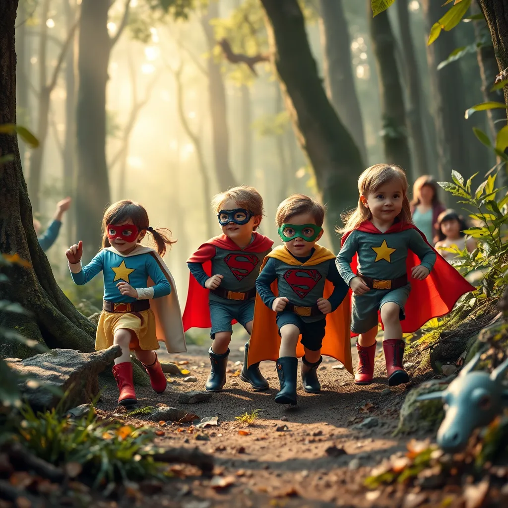 A group of children dressed as superheroes, exploring a mysterious forest, using their superpowers to overcome obstacles and solve puzzles. The forest is filled with magical creatures, hidden treasures, and a sense of wonder and adventure.