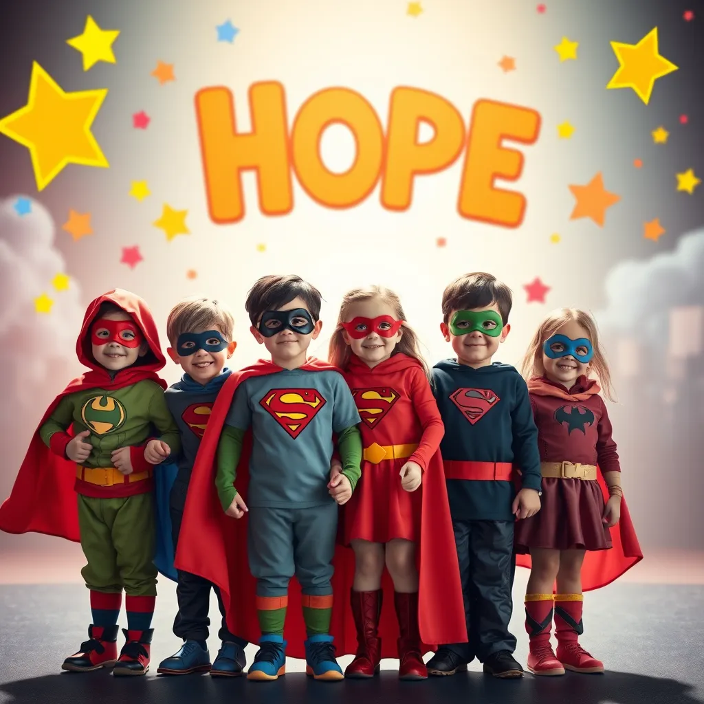 A group of children dressed as superheroes, standing together, smiling and holding hands. They are surrounded by vibrant colors and symbols of hope and positivity, representing the positive impact they make on the world.