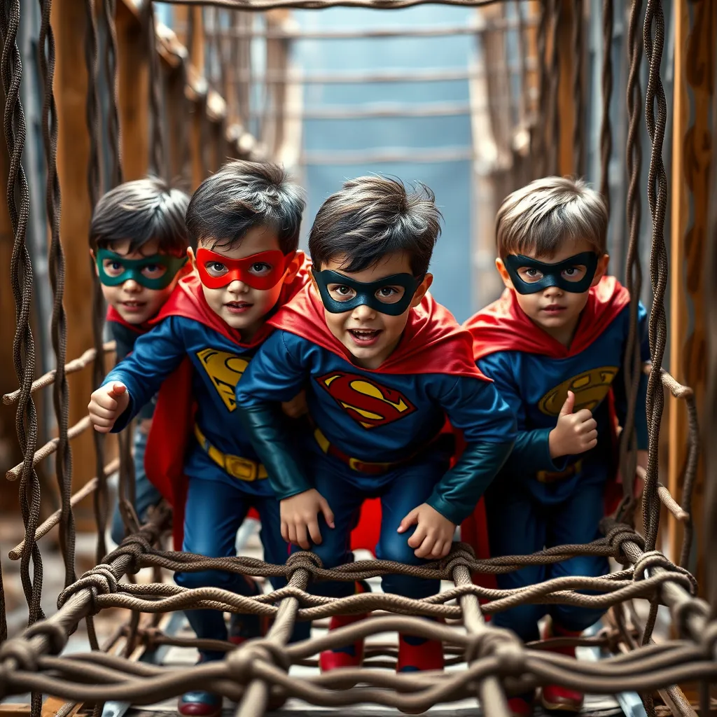 A group of children in superhero costumes, ages 6-10, working together as a team to overcome an obstacle course. The children are focused and determined, using their combined skills and strength to succeed. The course is filled with challenging elements like climbing walls, rope bridges, and tunnels.