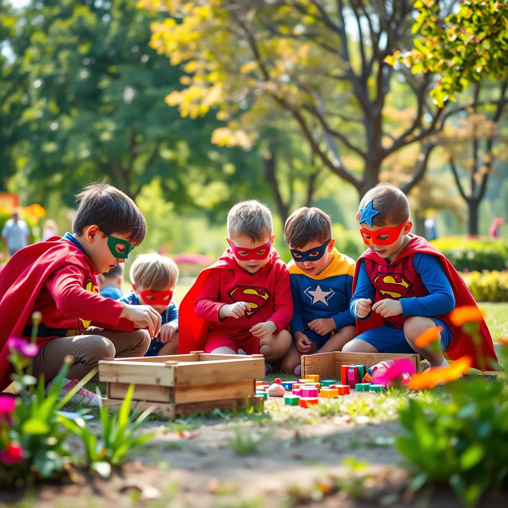 A group of children in superhero costumes, ages 6-10, engaging in a variety of activities like building a fort, solving puzzles, and playing games in a large, bright, and colorful outdoor setting with trees and flowers.