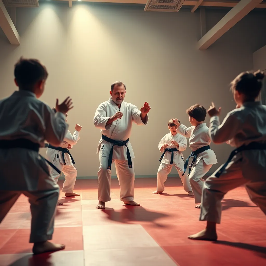 A group of children practicing martial arts techniques with a dedicated and experienced instructor. The image should convey a sense of fun, teamwork, and positive energy, highlighting the instructor's expertise and passion for teaching.