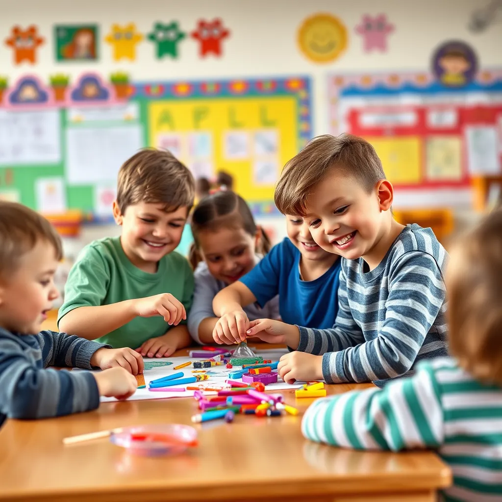 A group of children sitting at a table, working together on a craft project. They are smiling and helping each other, demonstrating teamwork and cooperation. The background features a colorful classroom with posters and decorations.