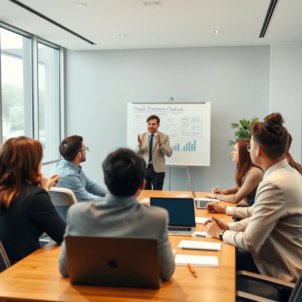 A group of diverse business professionals sitting around a table, listening intently to a speaker at the front, who is confidently presenting a business plan on a whiteboard. The room is filled with light and there are laptops and notepads on the table. The image should have a modern, professional feel.