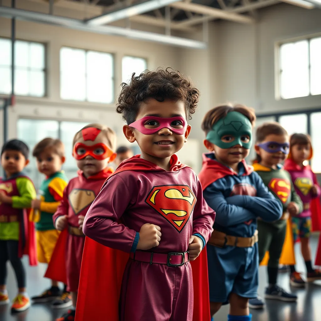 A group of diverse children in colorful superhero costumes, training in a brightly lit gym with a mix of physical activities, creative art projects, and mental exercises. The atmosphere is energetic and fun, showcasing a balance between physical and mental development.