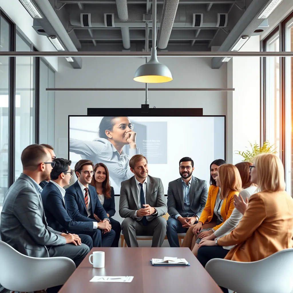 A group of people of diverse ages and backgrounds, all dressed professionally, gathered in a virtual online meeting room, engaged in a discussion with a charismatic coach. The background should be a bright and modern virtual office setting with a vibrant, interactive online community chat.