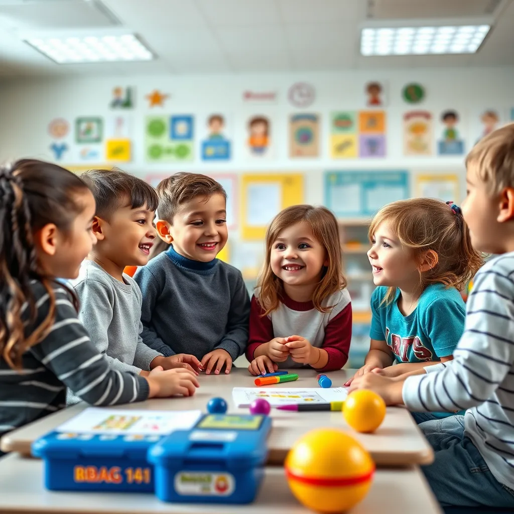 A group of young children in a classroom setting, engaged in a lively discussion and interacting with each other in a positive and supportive way. The background is a bright and spacious classroom with educational materials and games.  
