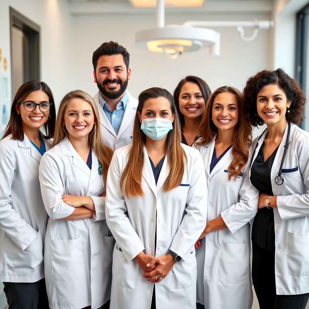 A group photo of the dental team, consisting of experienced dentists and friendly staff. They are all wearing professional attire and smiling warmly. The background should be a modern and inviting dental clinic. The composition should convey a sense of teamwork, competence, and compassion. 4K resolution, photorealistic style.