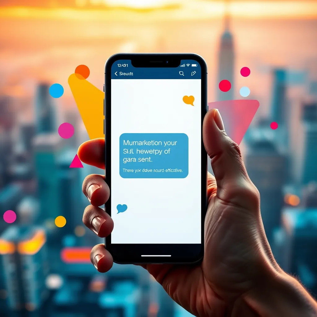A hand holding a smartphone, with the screen displaying a message sent through a SMS marketing platform. The phone is surrounded by colorful, abstract shapes representing the flexibility and cost-effectiveness of the service. The background is a vibrant, blurred cityscape, symbolizing the diverse reach of SMS marketing.