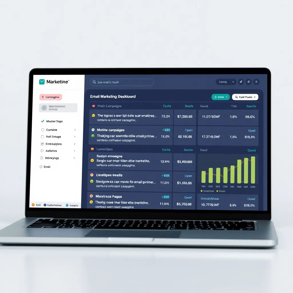 A laptop screen showing an email marketing dashboard. The dashboard should display a list of email campaigns, with each campaign labeled with a clear and concise title. The dashboard should also include metrics such as open rates, click-through rates, and unsubscribes. The overall design should be clean and modern, with a focus on readability and data visualization.