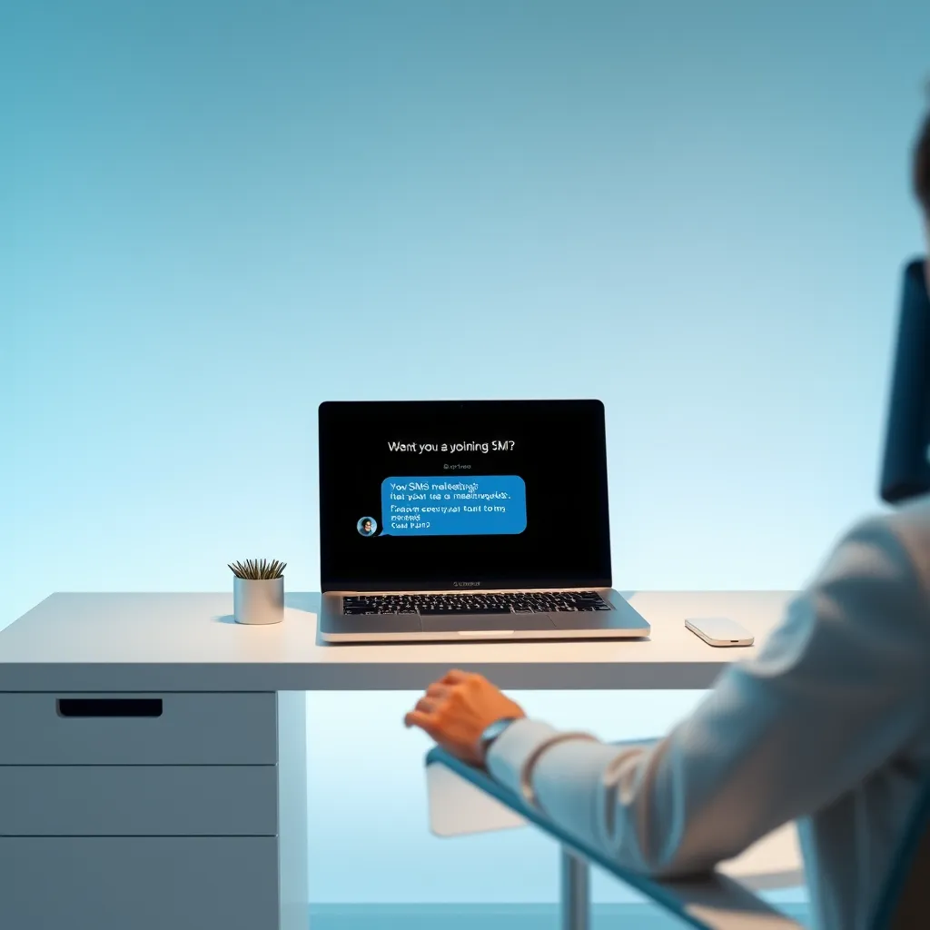 A modern, minimalist office with a person sending a bulk SMS message from their computer. The background should be a light blue gradient with a white desk and a sleek laptop with a screen displaying an SMS marketing platform.