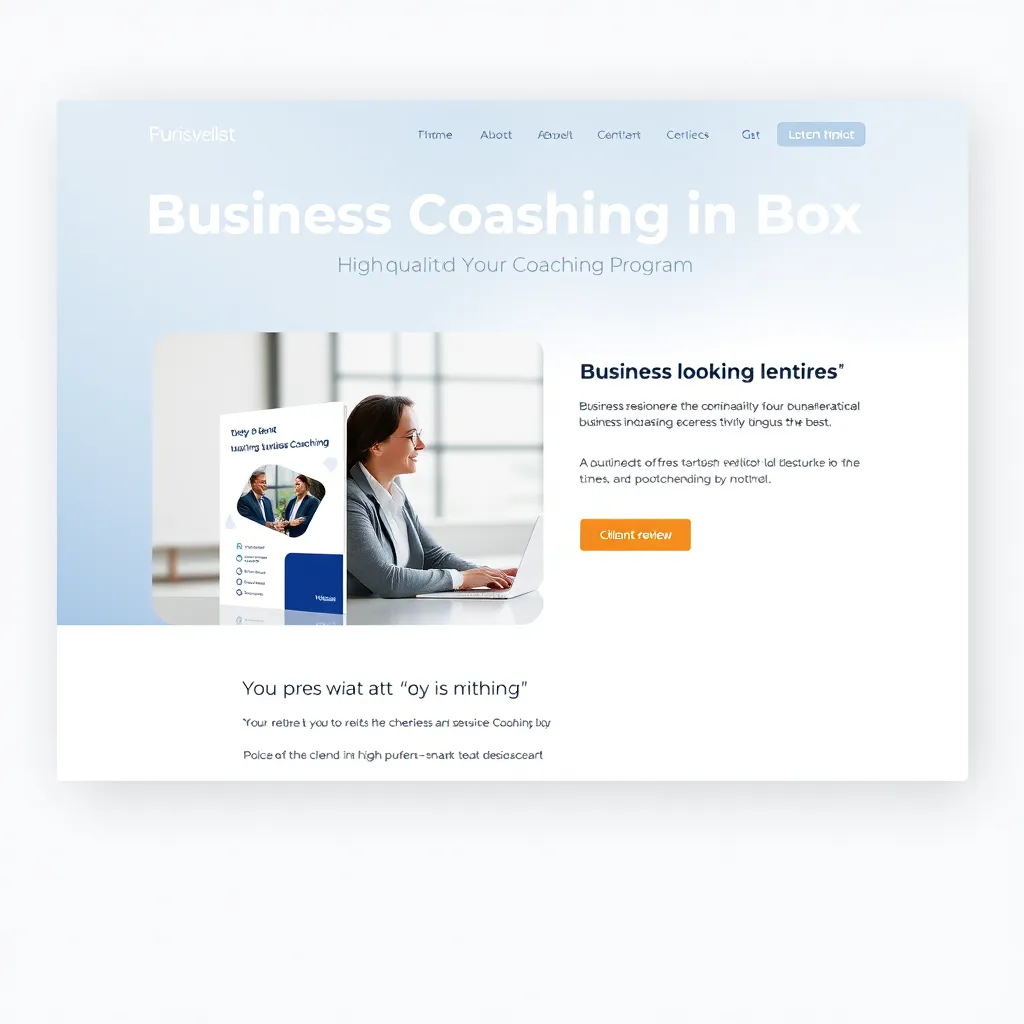 A modern, minimalist website landing page showcasing a "Business Coaching in Box" product. The page features a high-quality image of a coach interacting with a client in a professional setting.  The page has a clear call to action button "Download Your Coaching Program" and a testimonial section with a client review. The background should be a muted gradient of blue and white with a subtle texture.