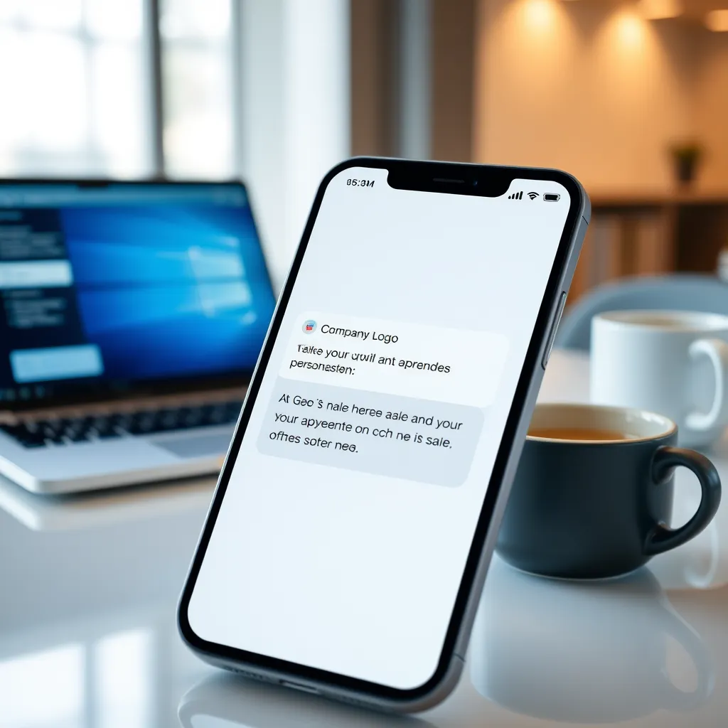 A modern, sleek phone with a notification displaying a company logo and a personalized SMS message about a sale or promotion. The background is a clean, minimalist office setting with a laptop and coffee cup, showcasing a professional and engaging brand image.