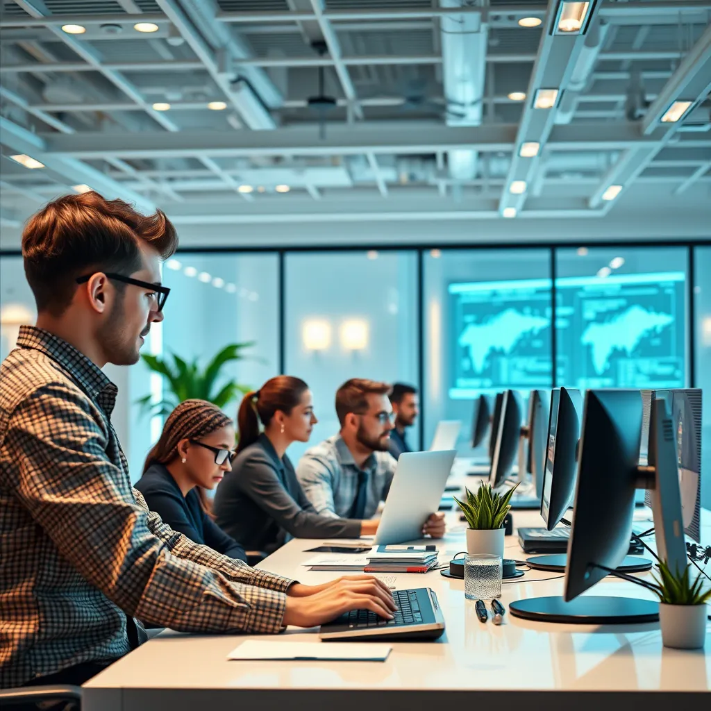 A modern office with a team of people working on a computer, analyzing data, and sending SMS messages to a large group of people. The image should have a bright, modern aesthetic and focus on the team working together to achieve positive results.