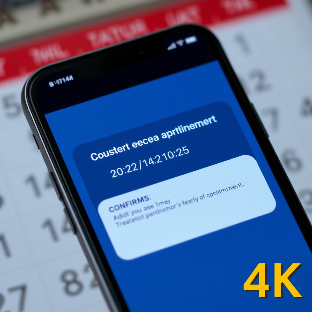 A notification on a smartphone screen confirming a dental appointment. The notification includes the date, time, and location of the appointment. The background should be a blurred image of a calendar or clock. Focus on conveying the speed and reliability of the appointment confirmation process. 4K resolution, photorealistic style.