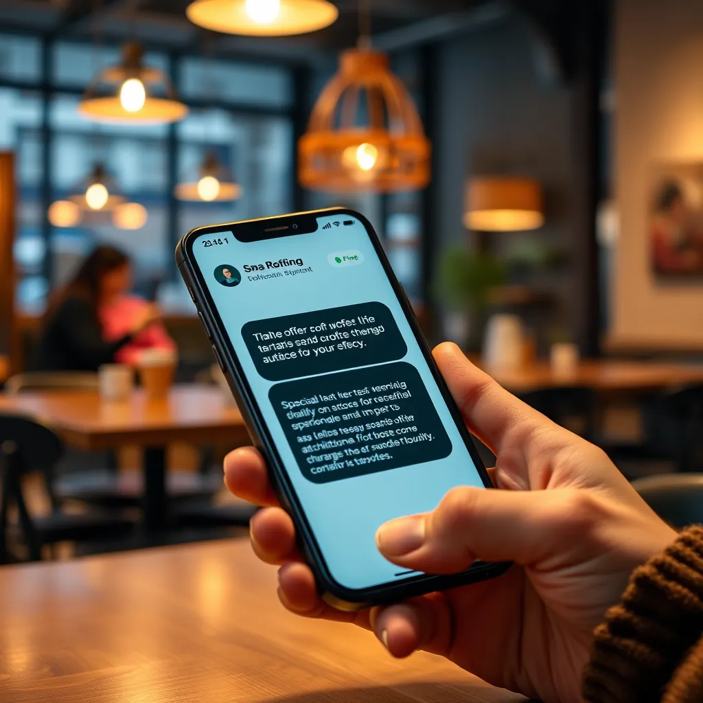 A person holding a smartphone with a notification from a company about a special offer. The phone should be on a table in a coffee shop with a warm, inviting atmosphere. The image should focus on the convenience and effectiveness of SMS marketing.