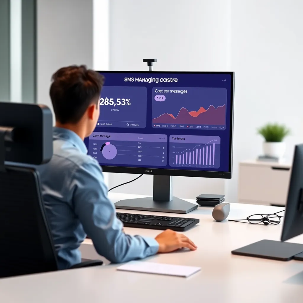 A person sitting at a desk, using a computer to monitor an SMS marketing campaign. The screen displays charts and graphs showing the number of messages sent, the cost per message, and the campaign's overall performance. The background is a minimalist, modern office space, representing the ease of managing costs with this service.