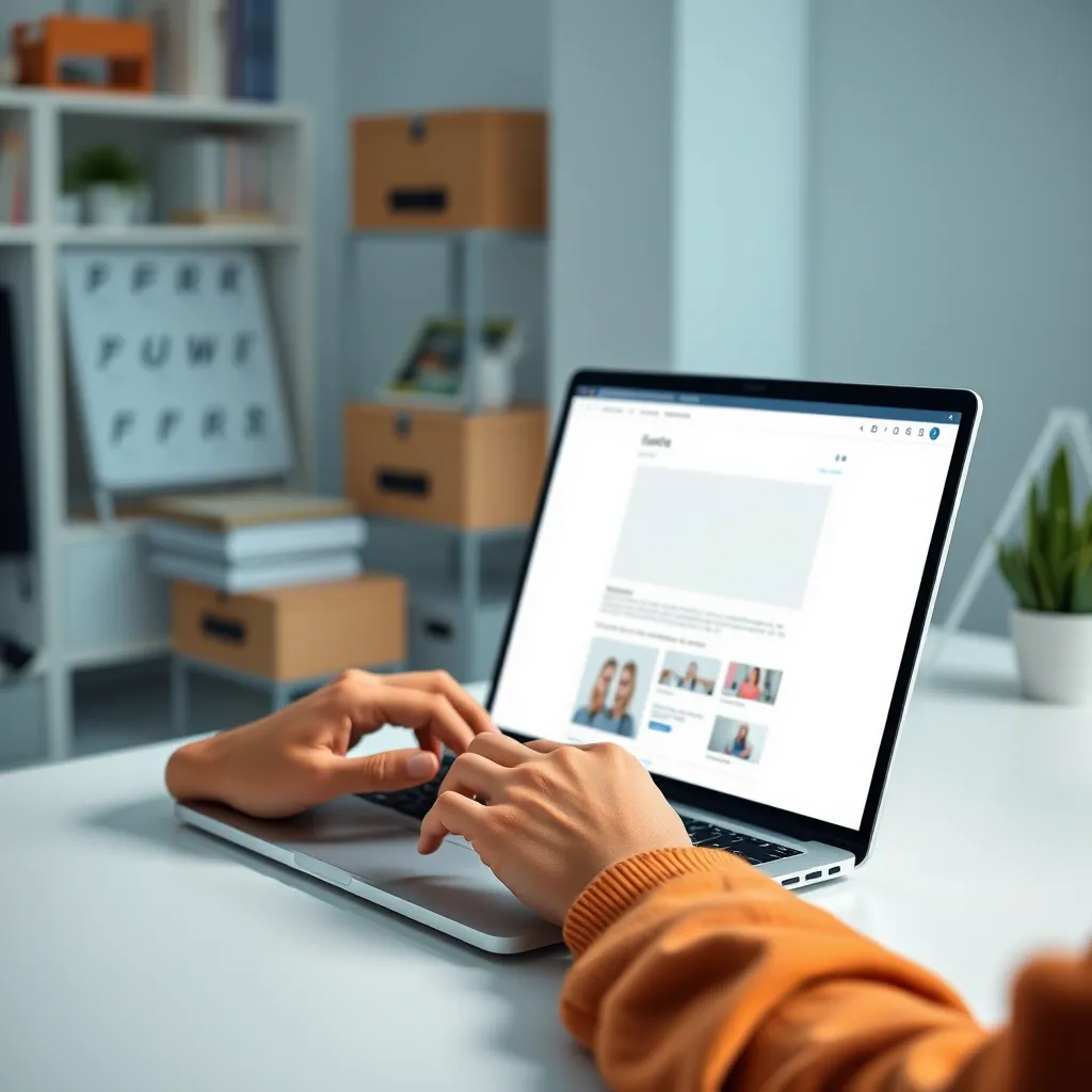 A person using a laptop to edit a website page, with a drag-and-drop interface for easy content management. The background should be a clean and organized workspace, highlighting the simplicity and convenience of the website management system.