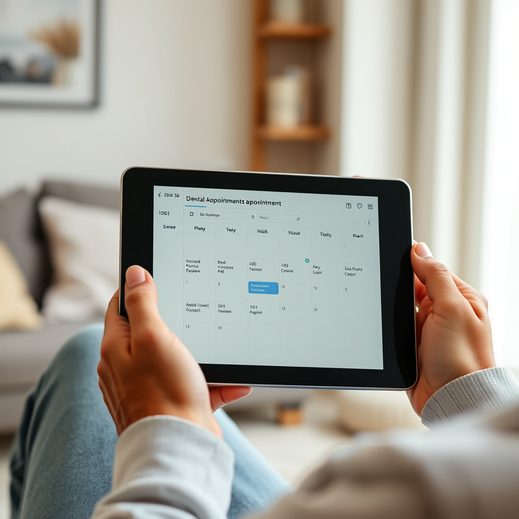 A person viewing their dental appointment schedule on a tablet. The screen displays a calendar with upcoming appointments highlighted. The background should be a comfortable home environment. Focus on conveying the control and flexibility of managing appointments online. 4K resolution, photorealistic style.