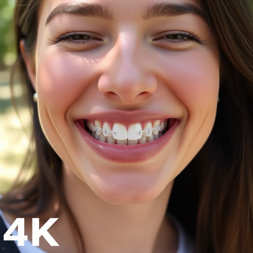 A person wearing clear aligners, showcasing the discreet nature of orthodontic treatment. The focus should be on the aligned teeth and the subtle appearance of the aligners. The background should be a natural outdoor setting to convey confidence and freedom. 4K resolution, photorealistic style.
