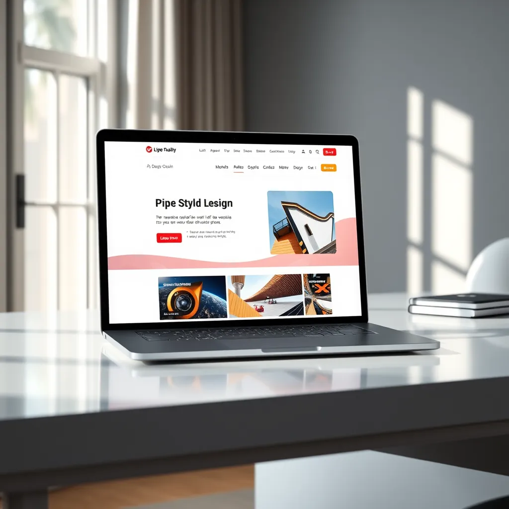 A photorealistic, ultra-high quality image of a laptop screen displaying a beautiful website design. The website should be responsive and well-designed, with a clean and modern layout, vibrant colors, and high-quality images. The laptop is placed on a sleek, minimalist desk with natural light streaming in from a window. The overall mood should be professional, stylish, and inviting. The image should be rendered in 8K resolution with hyperrealistic details, showcasing the fine textures of the laptop, the desk, and the surrounding environment. The image should be captured from a slightly elevated angle, emphasizing the website design on the screen.