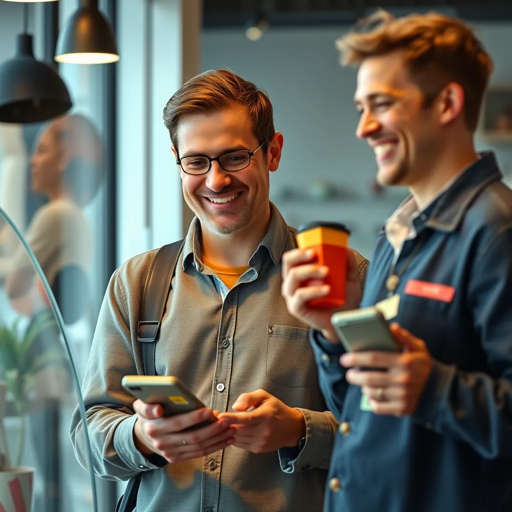 A photorealistic image of a business owner sending a personalized text message to a loyal customer. The customer is happy and smiling, holding a product purchased from the business.