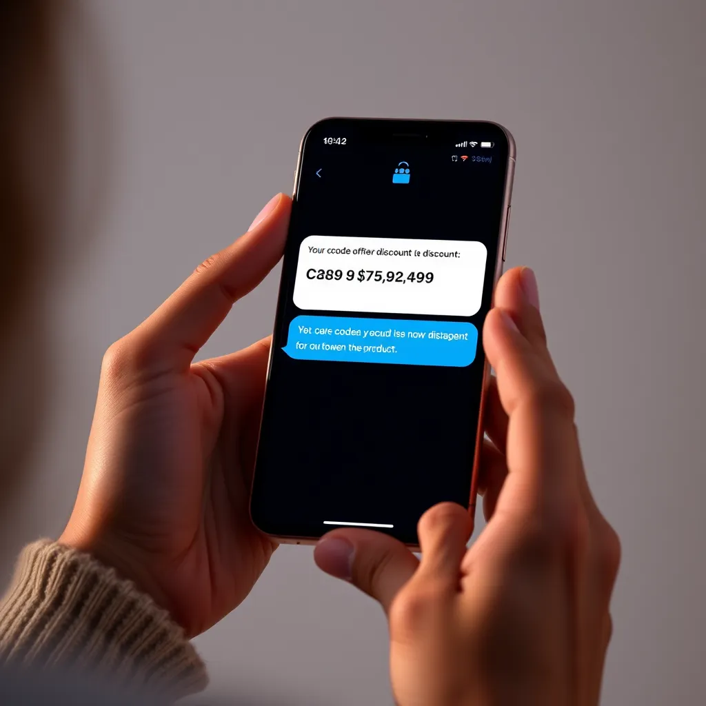 A photorealistic image of a person holding a phone with a text message displaying a discount code for a product. The person is smiling and looking excited about the offer.