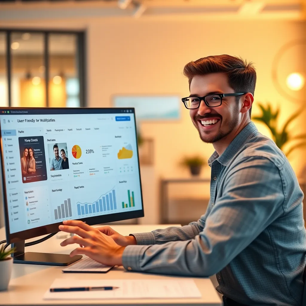 A photorealistic image of a person using a user-friendly website management dashboard. The dashboard is clean and intuitive, with clear icons, menus, and options for updating content, managing pages, and analyzing website performance. The person is smiling, easily navigating the dashboard and making changes to their website. The background is a modern, well-lit office space with a comfortable setting. The image should be captured from a perspective that emphasizes the user-friendly interface and the ease of use of the dashboard. Render the image in 8K resolution, with a warm, inviting color palette and a natural lighting effect, showcasing the details of the dashboard interface and the user's interaction with the platform.