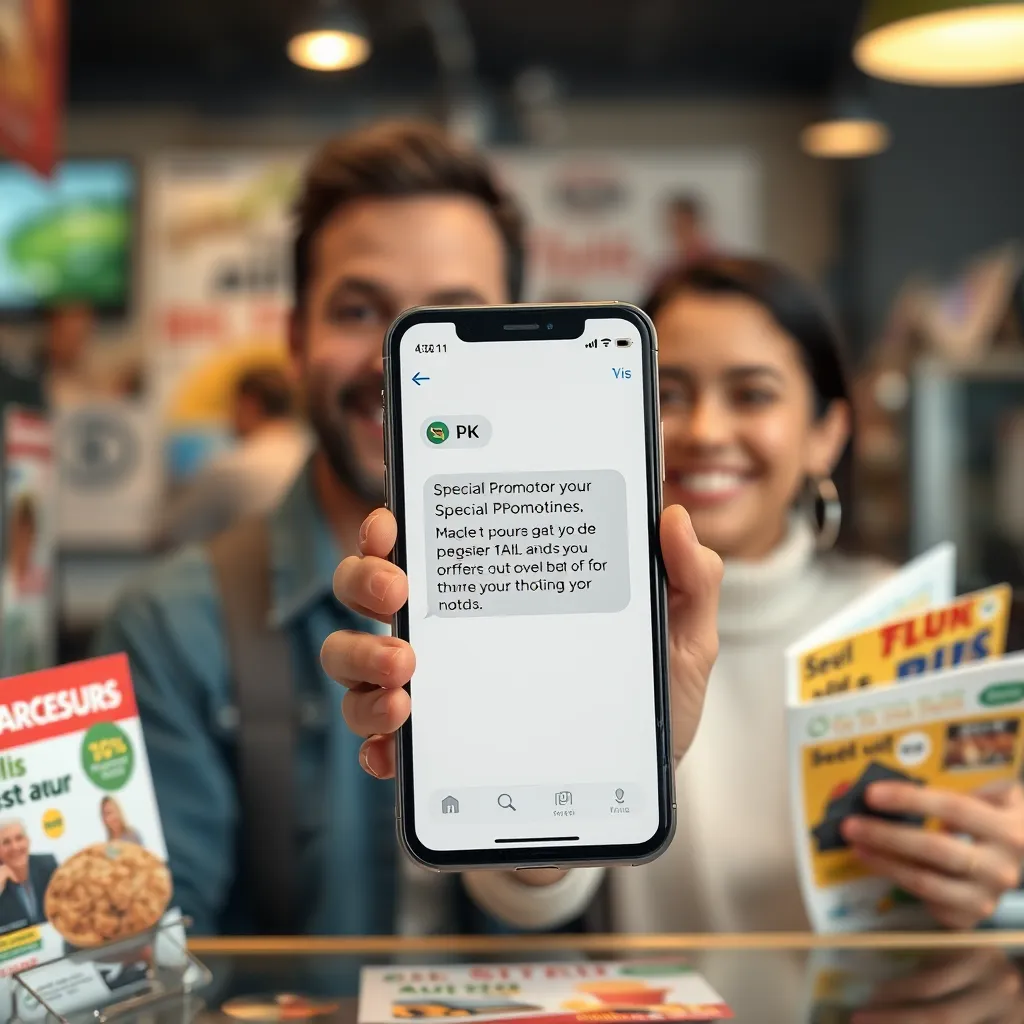 A photorealistic image of a phone screen displaying a text message about a special promotion, with a happy customer smiling in the background, surrounded by various marketing materials like flyers and brochures.