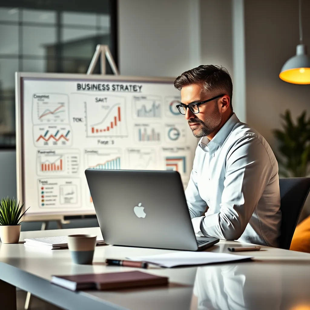 A professional business coach sitting at a desk, looking over a laptop and a whiteboard covered in charts and diagrams related to business strategy. The scene should be bright and modern, with a warm and inviting atmosphere.