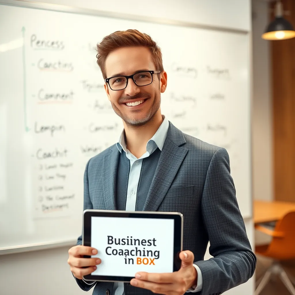 A professional-looking coach with a confident smile, standing in front of a whiteboard with various business coaching concepts written on it. The coach is holding a tablet with a 'Business Coaching in Box' logo and a bright, modern office setting in the background.