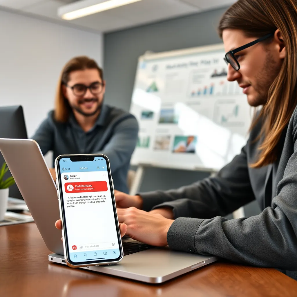A professional marketing team working on a laptop, with a phone displaying a text message with a marketing campaign. The background should be an office setting with a whiteboard showcasing a marketing plan. The image should convey a sense of professionalism and strategy.