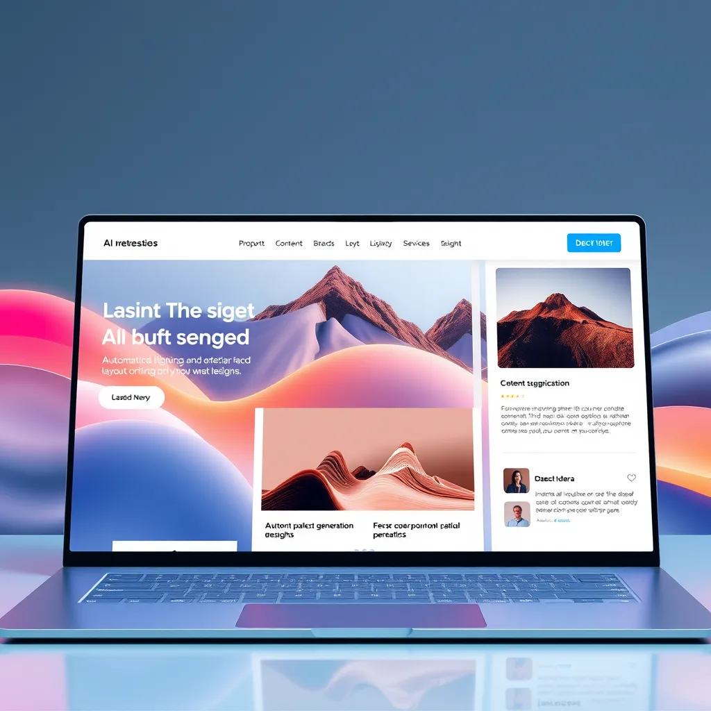 A sleek, modern website design interface with AI-powered features highlighted, such as automatic layout generation, color palette suggestions, and content optimization. The interface should be user-friendly and visually appealing, showcasing the efficiency and ease of use of AI website design tools.
