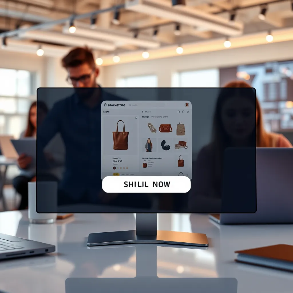 A sleek and modern online store interface, with a clear call-to-action button and a visually appealing product display. In the background, a team of marketers are working on laptops and analyzing data, showcasing their focus on optimizing the customer journey and conversion rates.