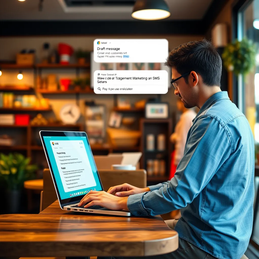 A small business owner, sitting in their shop, using a laptop to create an SMS marketing campaign. The laptop screen displays a draft message, with a list of targeted customers and a budget calculator for SMS marketing. The background is a cozy, inviting shop setting, highlighting the convenience and affordability of pay-per-use SMS marketing.