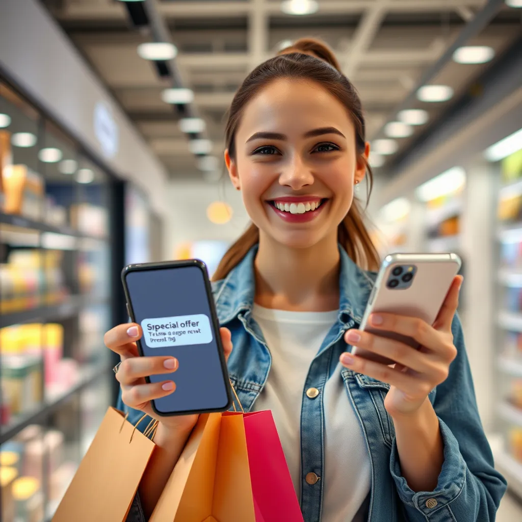 A smiling customer holding a shopping bag and phone showing a text message with a special offer. The background should be a modern retail store with products displayed attractively. The image should convey a sense of excitement and positive shopping experience.
