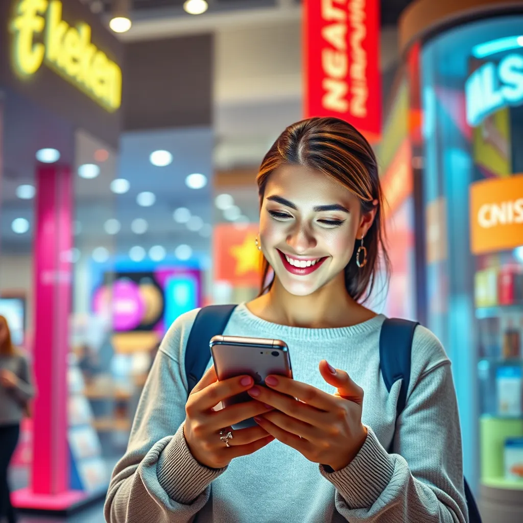 A smiling customer holding their phone and reading a promotional SMS message. The background should be a vibrant, colorful cityscape with a focus on a modern retail store.