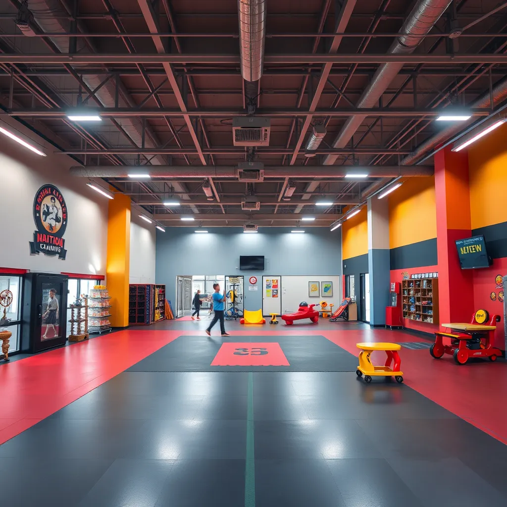 A spacious and modern training facility with bright lighting, colorful walls, and state-of-the-art equipment. The image should showcase various training areas, including a martial arts dojo, a play area, and a learning center, emphasizing the facility's  focus on safety and creativity.