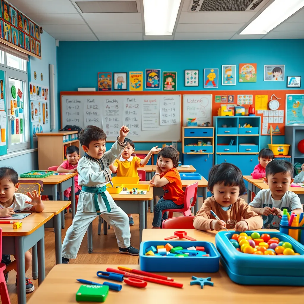 A vibrant and colorful classroom scene with children of different ages engaging in various activities, such as martial arts training, creative arts, and educational games. The classroom is filled with stimulating visuals and equipment that encourage learning and development.