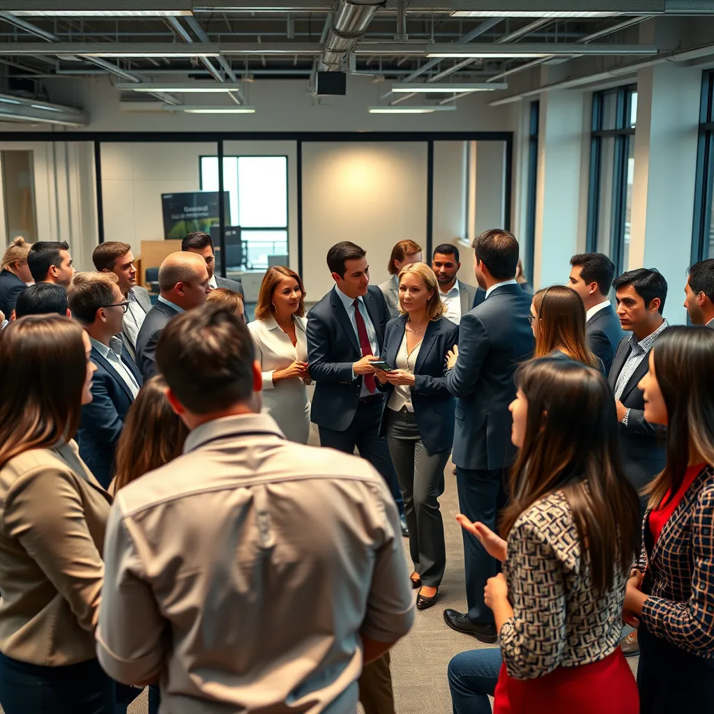A vibrant and diverse group of people, all dressed in business attire, are gathered together in a modern office space. They are actively networking, engaging in conversations, and exchanging ideas, highlighting the collaborative and supportive environment.