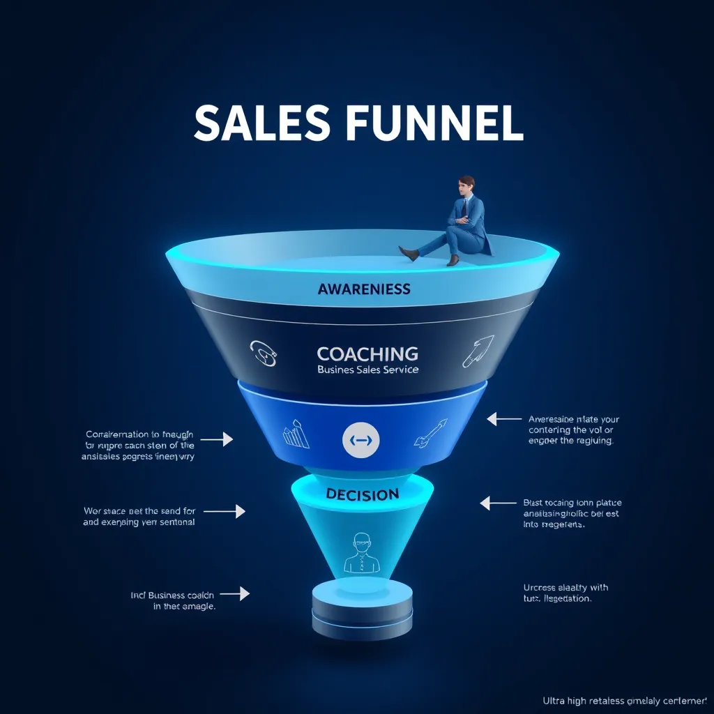 A visual representation of a sales funnel for a business coaching service. The funnel should be divided into stages, with each stage representing a different step in the sales process. The stages should be labeled with clear and concise language, such as "Awareness", "Consideration", and "Decision". The funnel should also include visual elements such as arrows, icons, and text to illustrate the flow of customers through the funnel.