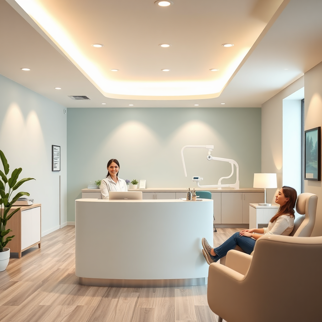 A warm and inviting dental clinic reception area. Soft, diffused lighting. A friendly receptionist smiles warmly from behind a sleek, modern desk. Comfortable seating arrangements are visible, with patients relaxed and at ease. Incorporate elements of advanced dental technology subtly in the background, showcasing a commitment to modern care. The color palette should be calming, with shades of blue, green, and white. Focus on conveying a sense of trust, professionalism, and comfort. Capture a welcoming atmosphere that assures patients they are in good hands. 4K resolution, high quality, photorealistic style.