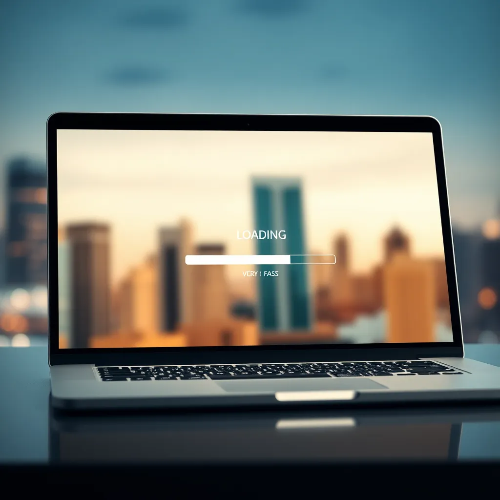 A website loading very fast on a laptop screen, with a progress bar showing the loading process completed quickly. The background should be a blurred image of a city skyline, representing the speed and efficiency of the website.