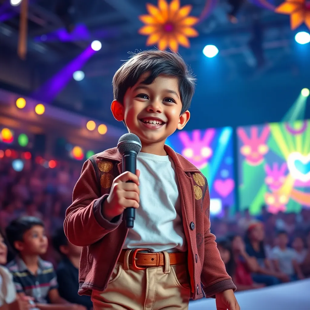 A young child, dressed in a stylish outfit, confidently holding a microphone, smiling brightly and interacting with a large audience. The background is a vibrant stage with colorful lights and decorations. 