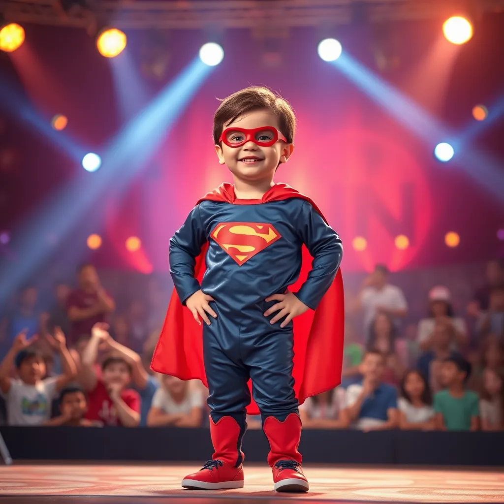 A young child, dressed in a superhero costume, standing confidently on a stage, performing a talent show act. The background is a vibrant stage with flashing lights and enthusiastic audience. The child is radiating confidence and joy, showcasing their unique talents and passion.