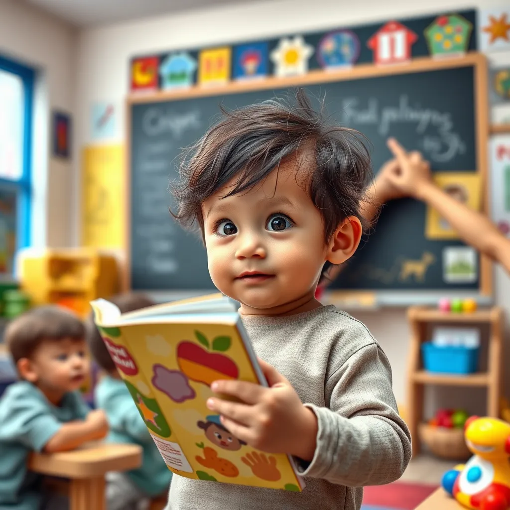 A young child, with a curious expression on their face, holding a colorful book in one hand and pointing to a blackboard with the other, surrounded by other children in a brightly decorated classroom. The room is filled with educational toys and posters.